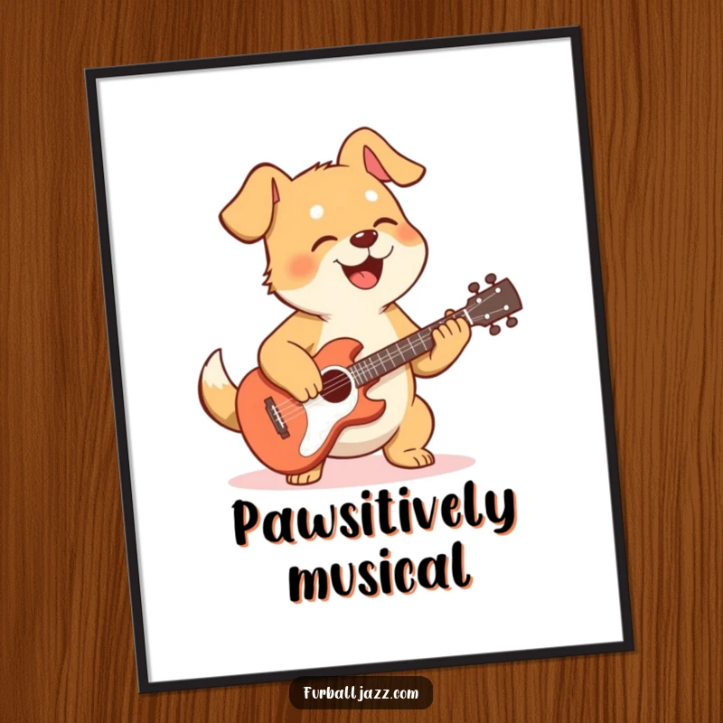Funny dog poster featuring a smiling dog playing a guitar with passion, bringing a lively and humorous ambiance.