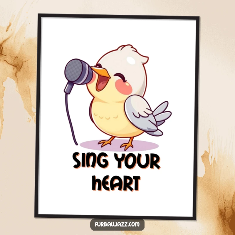 Funny bird singing into a microphone with a huge smile on a poster, a hilarious avian performance piece.