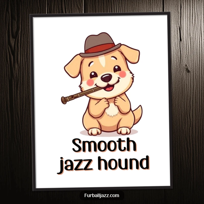 Funny dog jazz poster art showing a round, happy dog in a fedora playing a clarinet, radiating cool musical sophistication.