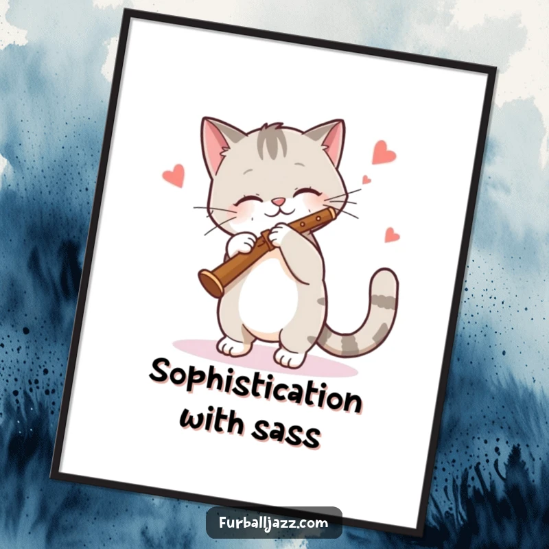 Funny Cat Poster: A cool cat swaying gracefully while playing the clarinet, creating a sophisticated and humorous art piece. Perfect funny gift.