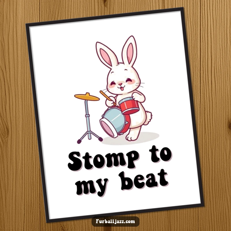 Funny bunny rabbit tapping its foot while playing drums, a humorous poster for music lovers.