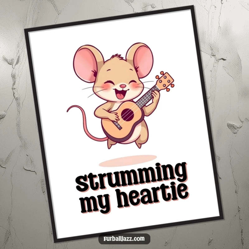 Funny mouse character energetically playing a ukulele, creating a lively and humorous visual for wall decor.