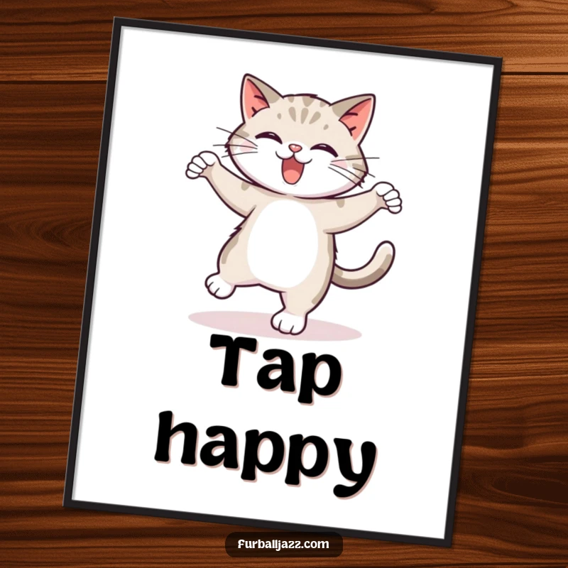 Funny tap dancing cat poster, capturing a cat mid-tap dance with exuberant energy and playful steps, a cheerful wall decoration.