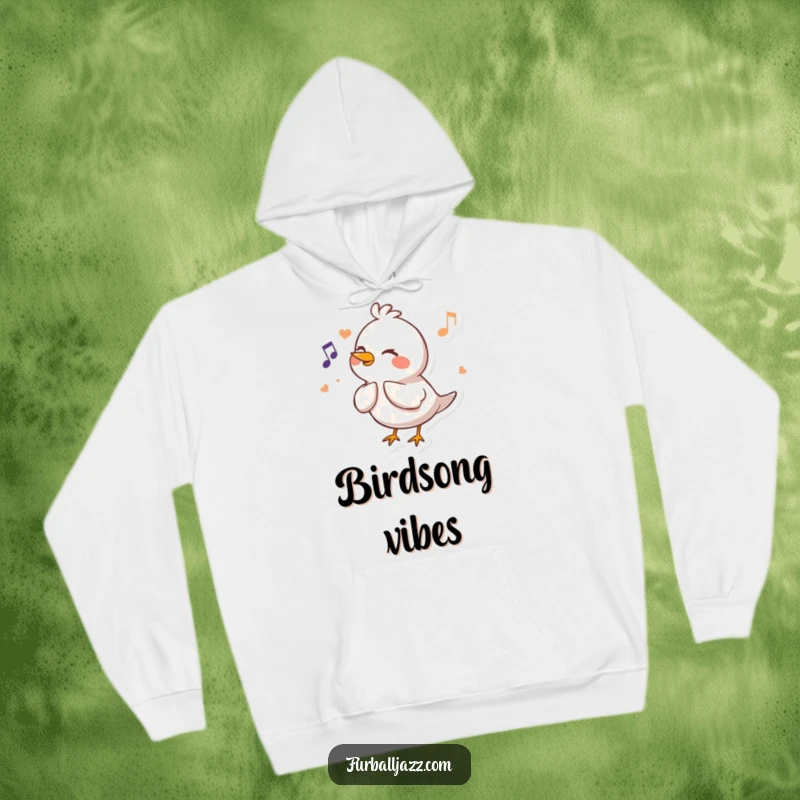 Funny Bird Hoodie showing a happy bird character fluting a cheerful melody, offering warmth and a touch of musical humor.