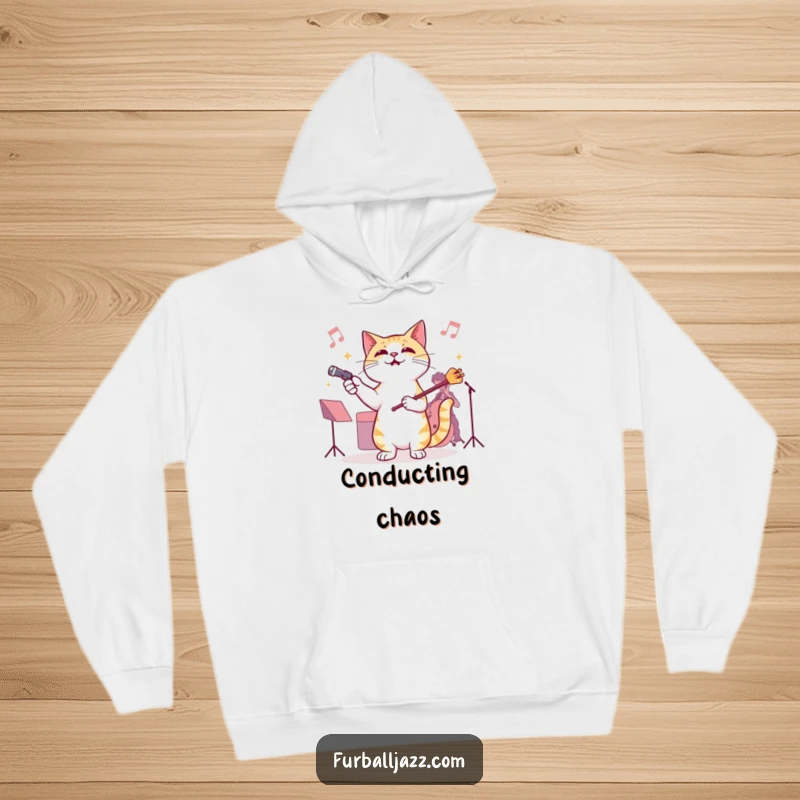 Funny Cat Jazz Conductor Hoodie, featuring a cat gleefully conducting an invisible jazz orchestra, bringing cozy musical charm and humor.