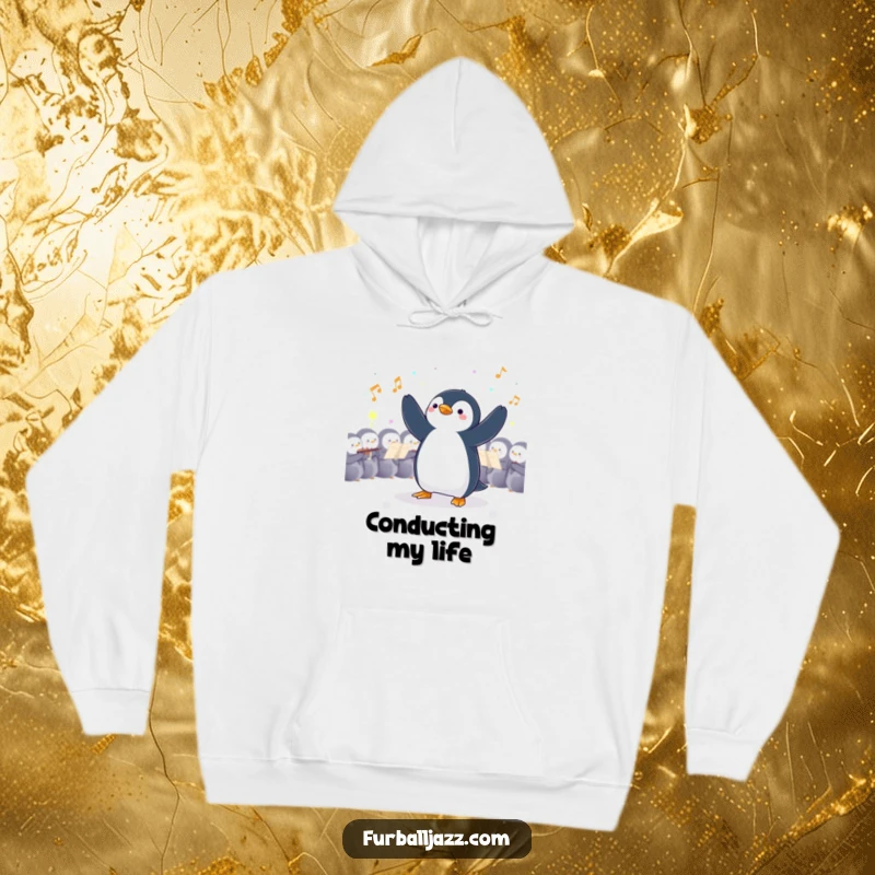 Funny Penguin Conductor Hoodie: A stylish penguin maestro directing an unseen symphony, perfect for cozying up.