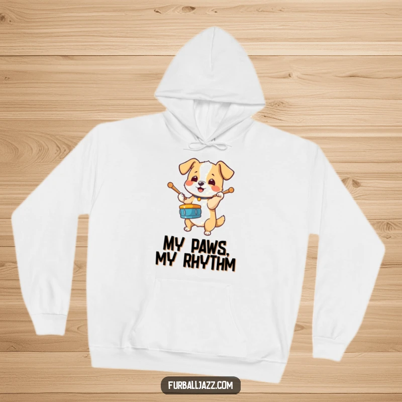 Funny Dog Drummer Hoodie featuring an energetic dog tapping drumsticks on its paw, ideal for staying warm and stylish.