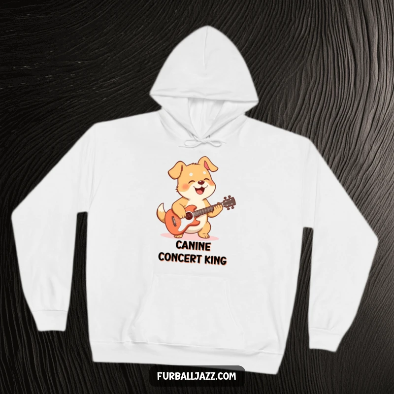 Funny dog hoodie with a happy dog passionately playing a guitar, designed for ultimate comfort and musical cheer.