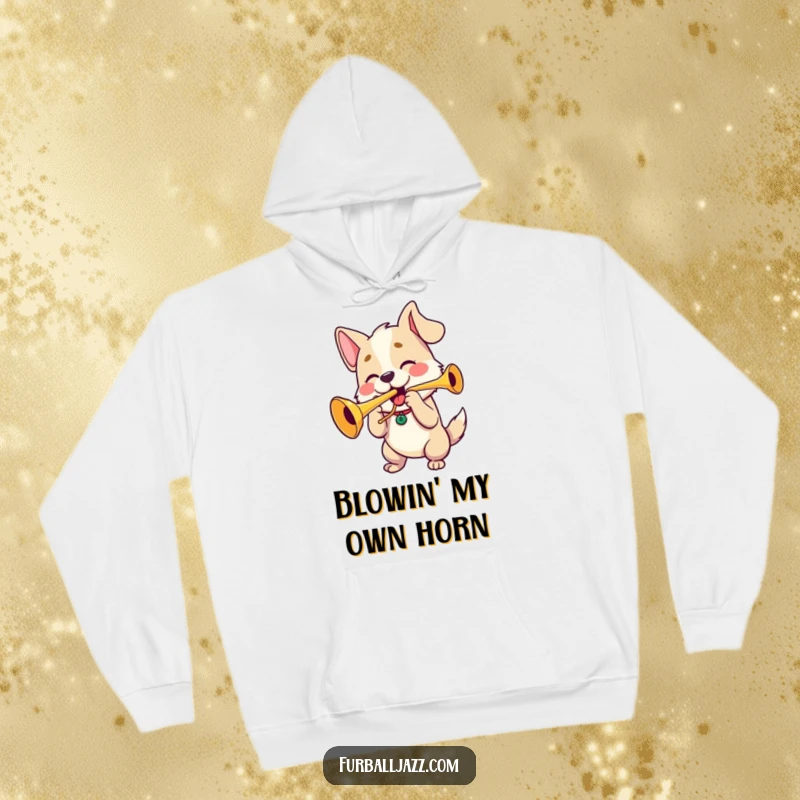 Funny dog with puffed cheeks playing a trumpet, making this hoodie a warm and humorous gift.
