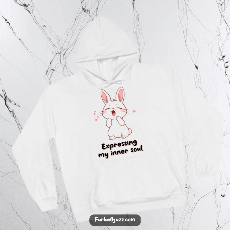 Funny hoodie featuring a rabbit character in mid-scat performance, eyes shut, paw up, bringing soulful music and laughter.