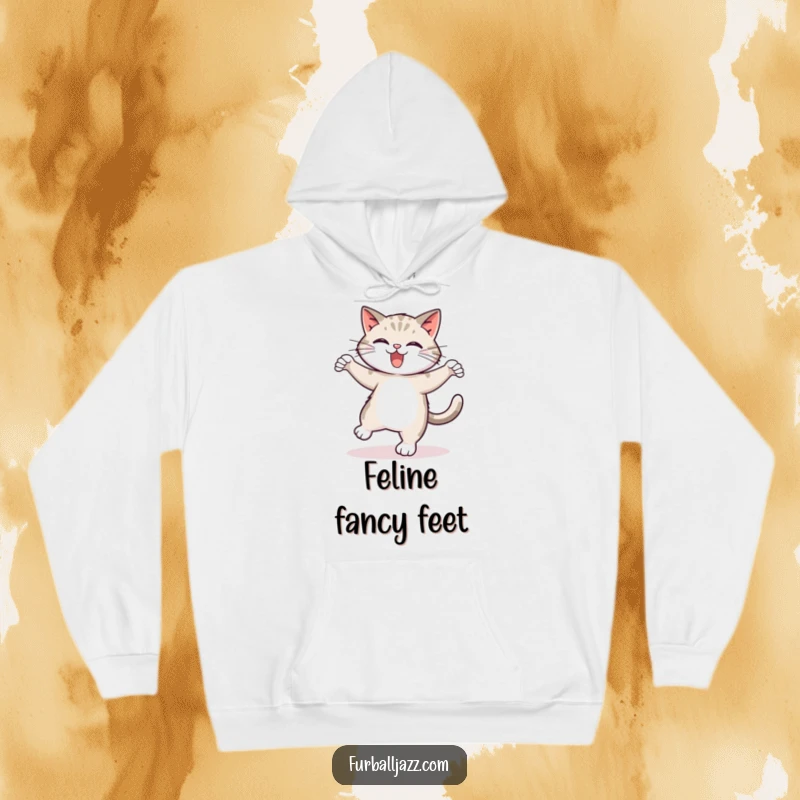 Funny tap dancing cat hoodie, showing a cat energetically tap dancing with bouncy steps, offering warmth and humor, an ideal gift.