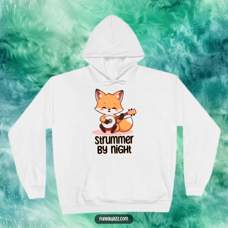 Funny banjo fox hoodie featuring a happy fox playing a miniature banjo, perfect for music enthusiasts and woodland creature fans.
