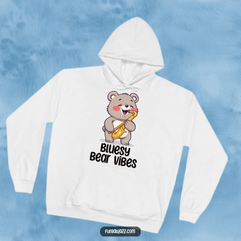 Funny bear hoodie featuring a joyful bear playing a saxophone with a bluesy expression, offering warmth and a cool musical atmosphere.