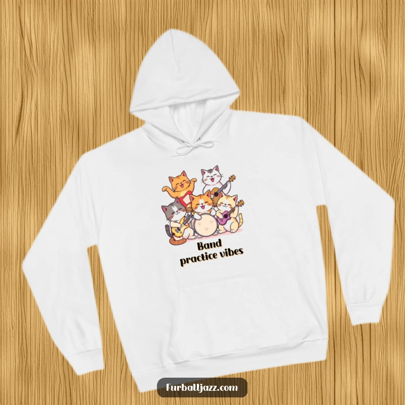 Funny cat hoodie showing a group of cats joyfully playing various musical instruments in a band.
