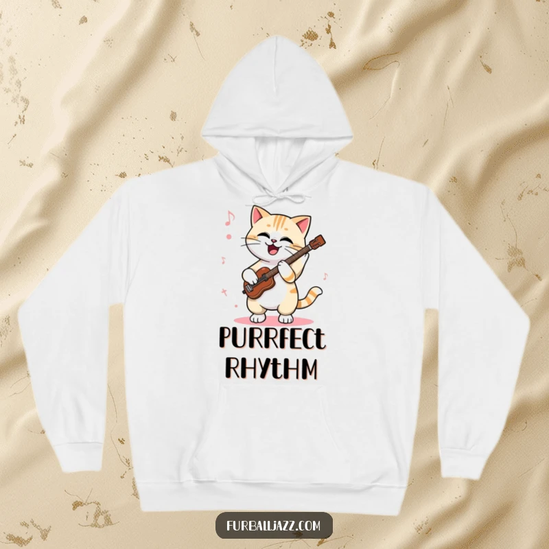 Funny cat hoodie featuring a cool cat enthusiastically tapping its paws to a jazz rhythm, offering warmth and a stylish musical vibe.