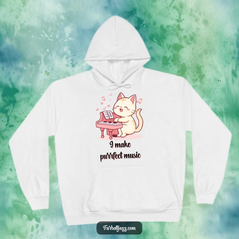 Funny cat hoodie showing a happy cartoon cat playing the piano, offering comfort and humor for music lovers and pet owners.