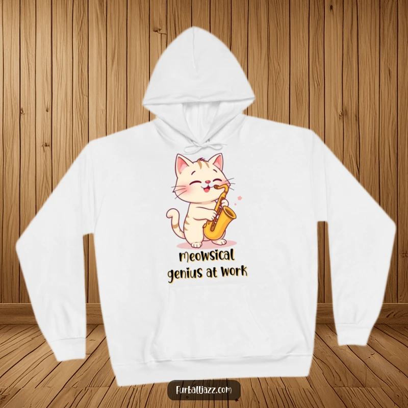 Funny cat saxophone hoodie, cheerfully playing music, a cozy and humorous sweatshirt for cat and music lovers.