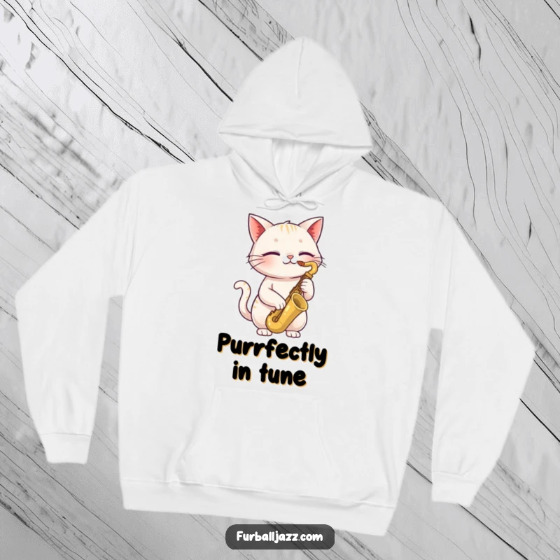 Funny cat hoodie featuring a happy cat with closed eyes playing a saxophone, offering warmth and a stylishly cool musical vibe.