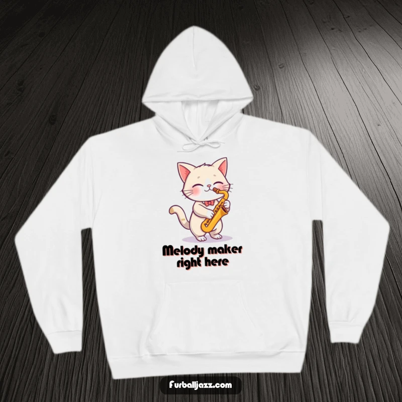 Funny cute cat energetically playing a saxophone, radiating jazz vibes on a warm, cozy, funny hoodie.