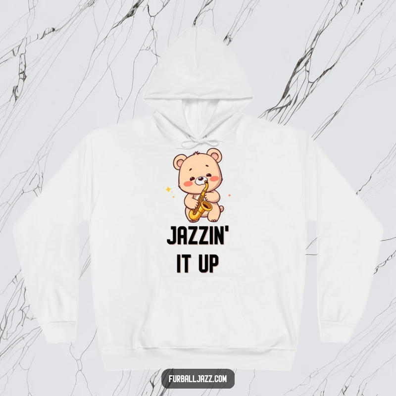 Funny Jazzy Bear Hoodie: A bear character playing a saxophone with a wide smile, offering cozy musical comfort.