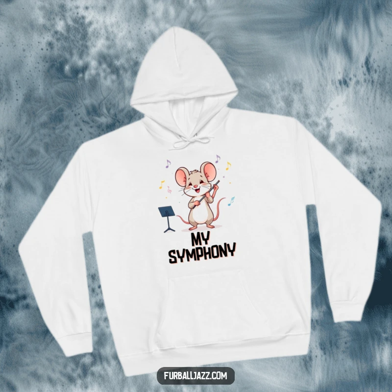 Funny mouse conducting an orchestra, depicted on a warm hoodie, bringing humorous leadership vibes.