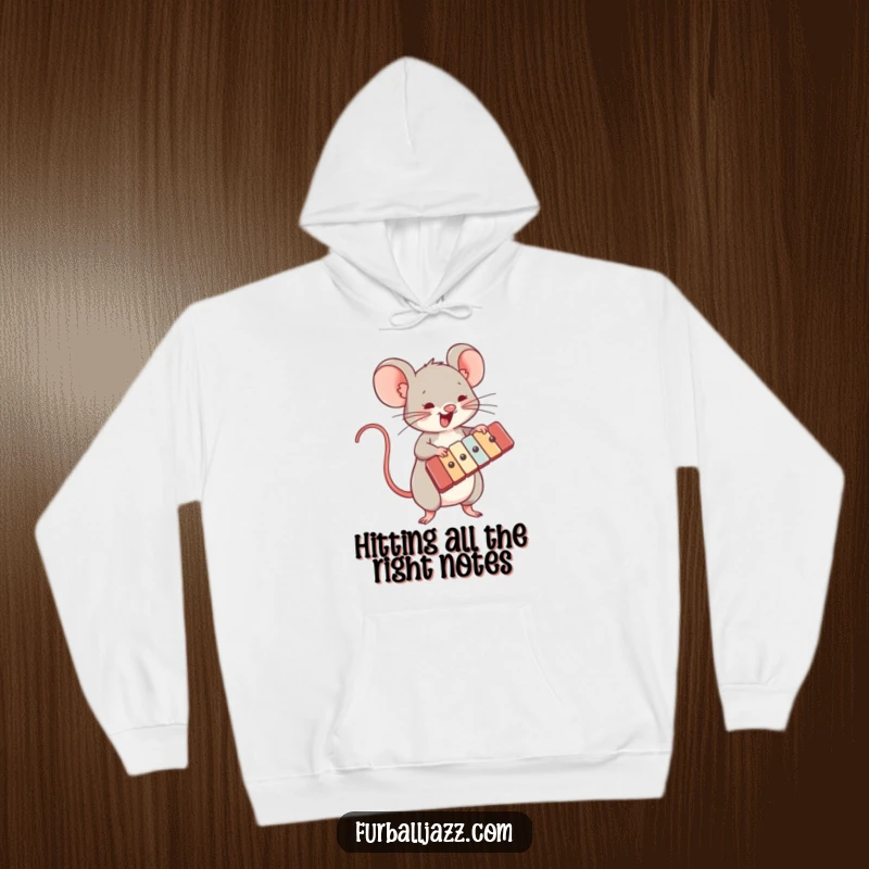 Funny hoodie showcasing an energetic mouse character playing a xylophone, designed for warmth and musical inspiration.
