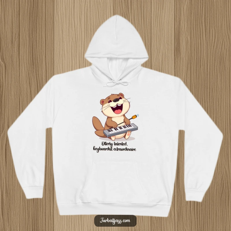 Funny otter hoodie featuring a playful otter jamming on a keyboard with a wide grin, perfect for cozy musical sessions.