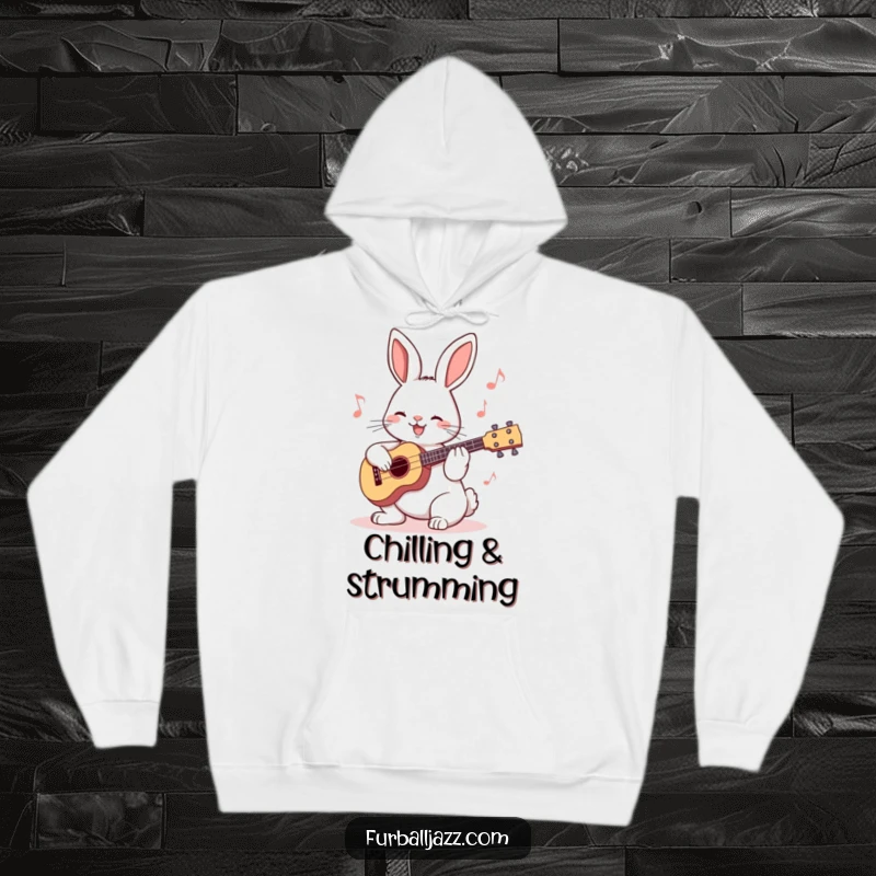 Funny Rabbit Ukulele Hoodie showing a happy bunny playing a small ukulele, perfect for music lovers and as a warm gift.