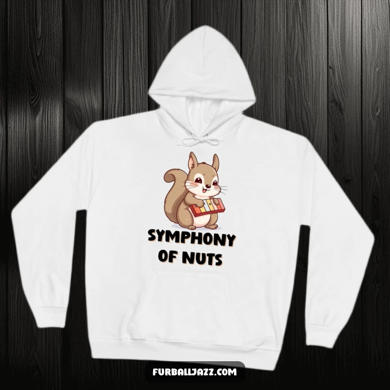 Funny squirrel in a cozy hoodie playing a xylophone, radiating musical joy, perfect for a funny gift.