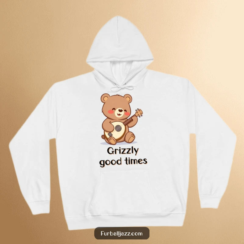 Funny bear strumming a tiny banjo with a happy expression on a hoodie.