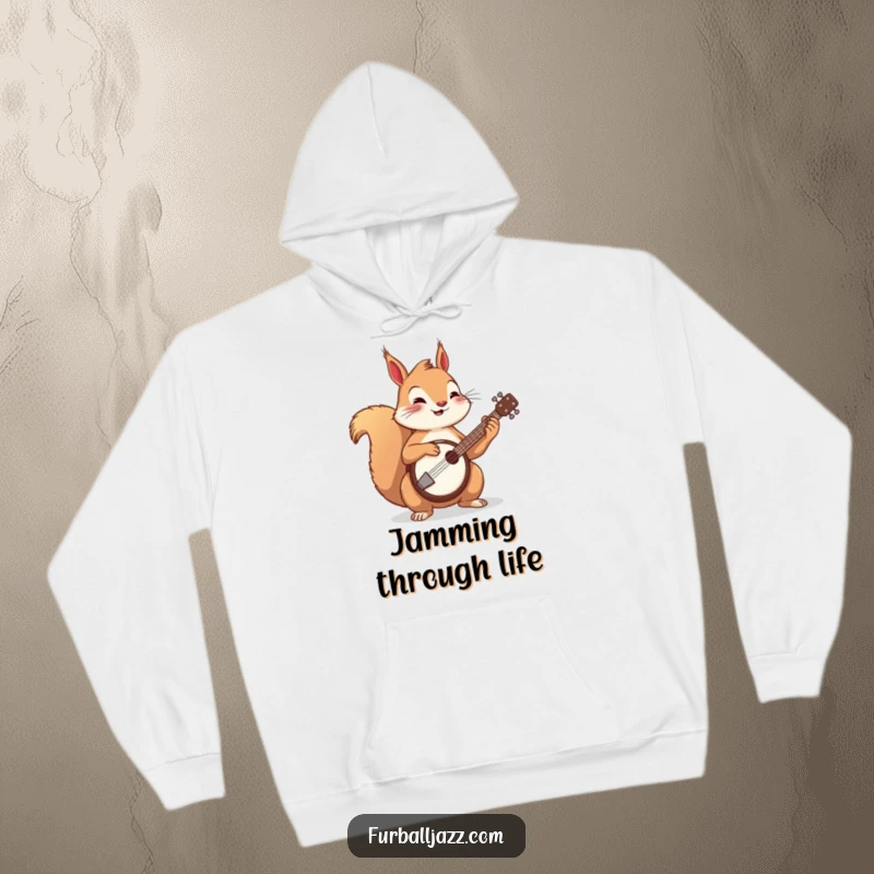 Funny squirrel playing a banjo on a cozy hoodie, a humorous and warm piece of apparel.