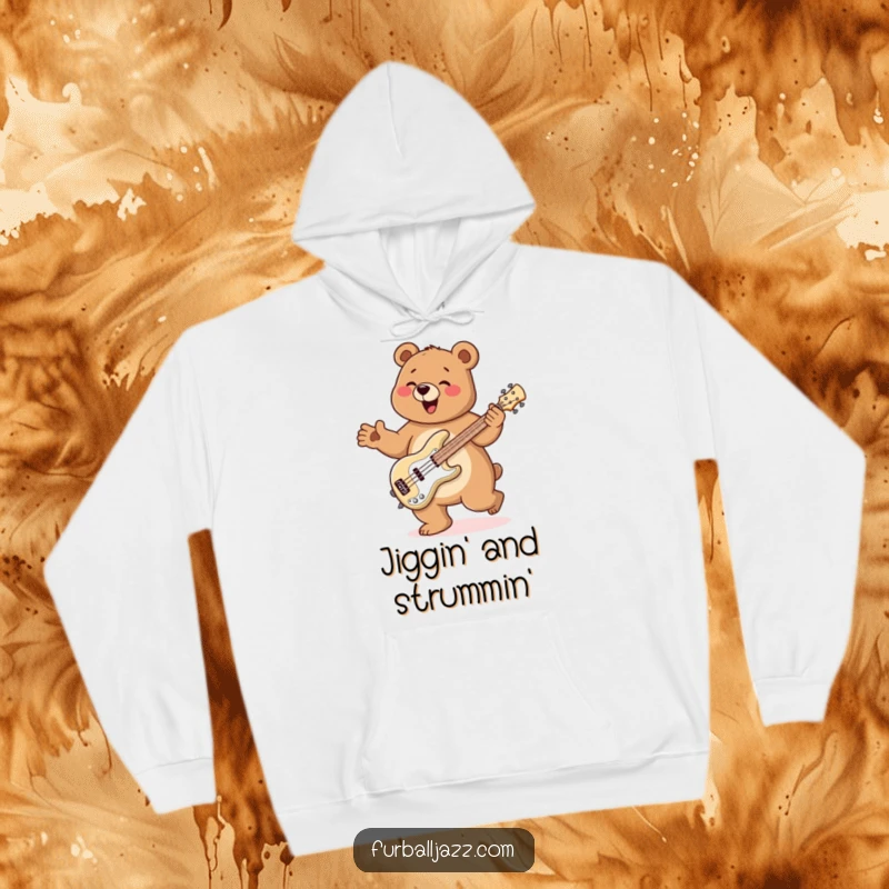 Funny Bear Hoodie showcasing a bear doing a joyful jig while playing a bass guitar, perfect for music lovers.