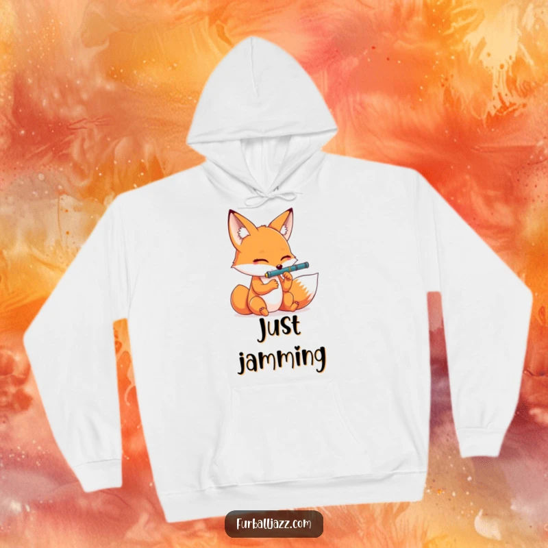 Funny fox musician in a hoodie, eyes closed, playing clarinet dramatically. Comfy and humorous apparel.
