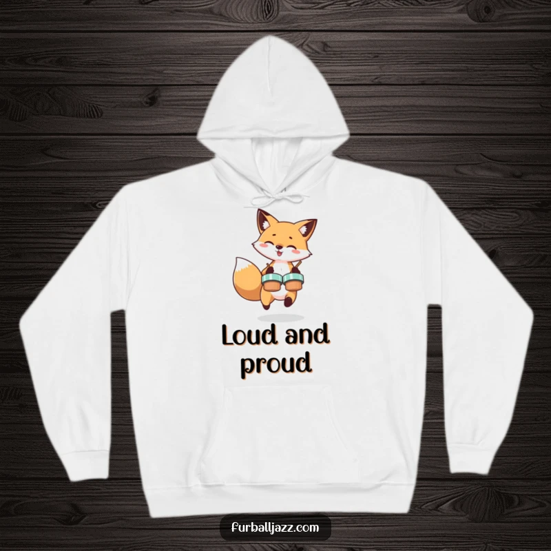 Funny hoodie showcasing an ecstatic fox energetically crashing cymbals, perfect for music lovers seeking cozy and comical apparel.
