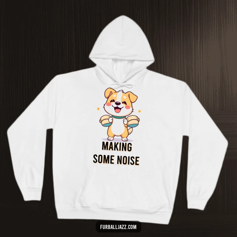 Funny dog character enthusiastically playing cymbals, radiating happiness on a warm, cozy, funny hoodie.