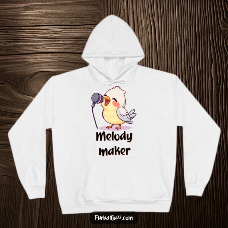 Funny bird belting out a tune into a microphone on a cozy hoodie, a delightful singing bird design.