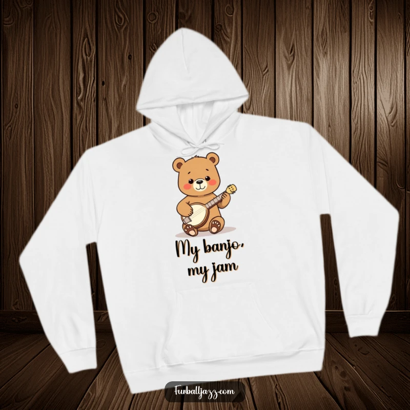 Funny Bear Banjo Hoodie featuring a happy bear strumming a tiny banjo with pure joy, perfect for staying warm and cozy.