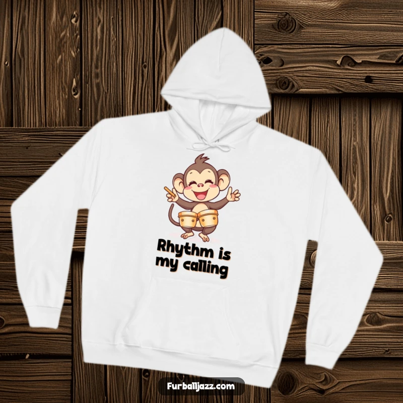 Funny Monkey Hoodie: A playful monkey pounding cymbals with infectious energy, bringing a hilarious musical vibe. Perfect funny gift.