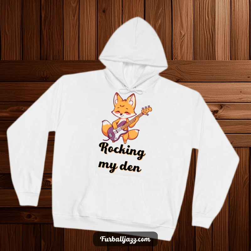 Funny fox hoodie showing a playful fox rocking out on a bass guitar, perfect for music lovers seeking comfort.