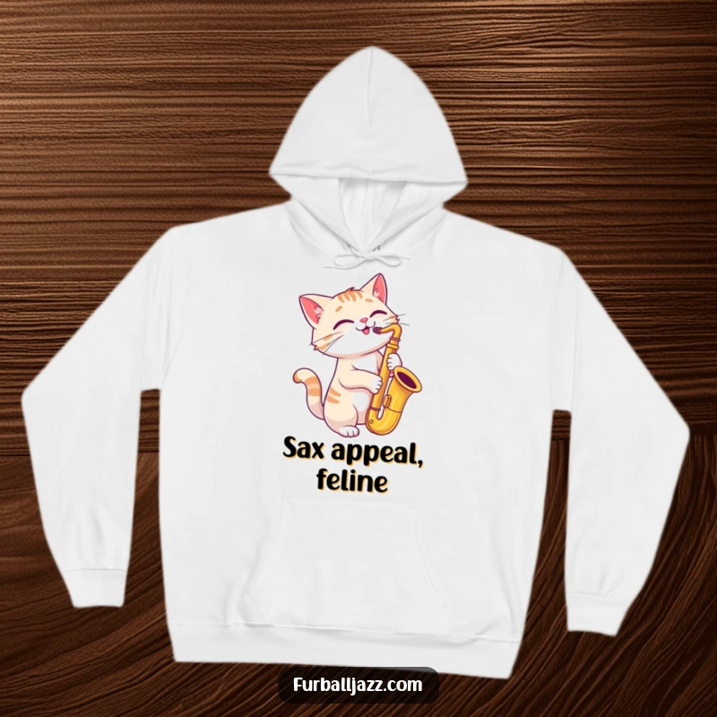 Funny cat playing a saxophone with a joyful, tilted head on a hoodie.