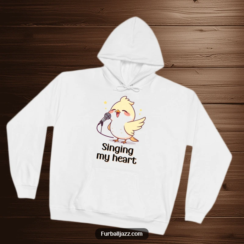 Funny Bird Microphone Hoodie featuring a joyful bird singing into a miniature microphone, cozy and perfect for music fans.