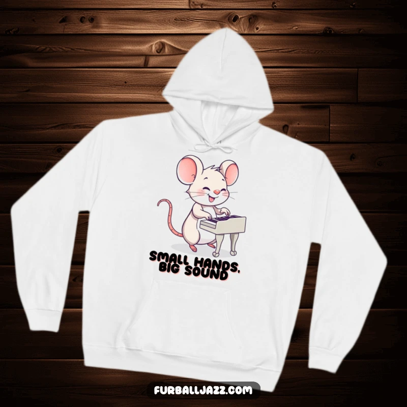 Funny Mouse Piano Hoodie: A smiling mouse playing a piano, perfect for cozy nights and cheerful tunes.