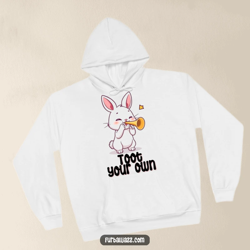 Funny rabbit hoodie with a cheerful rabbit playing a trumpet, offering warmth and a touch of musical fun.