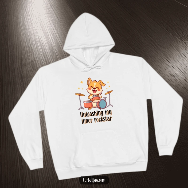 Funny hoodie featuring a happy dog actively playing drums with wild energy, showcasing a love for music and fun.