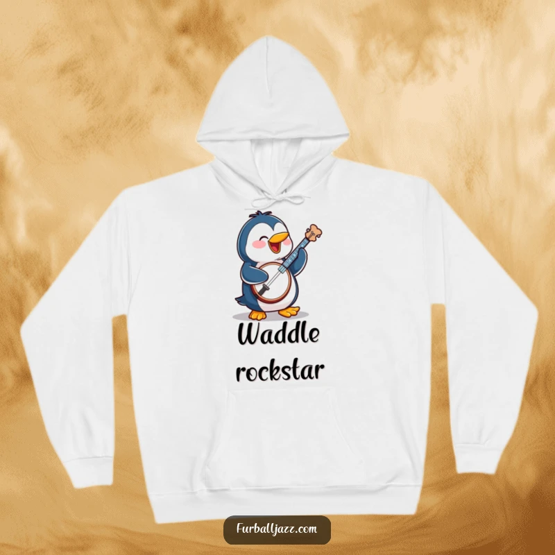 Funny penguin character playing a banjo with a joyful look, designed for cozy and humorous wear.