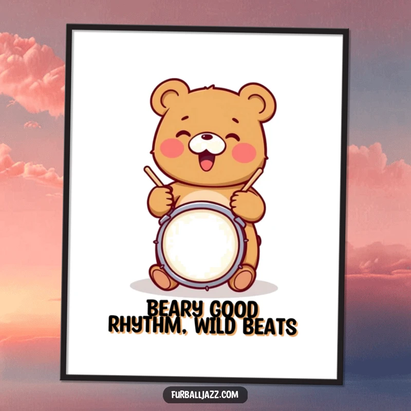 Funny Free Printable Wall Art of a joyful bear character energetically playing drums on a snare with drumsticks.