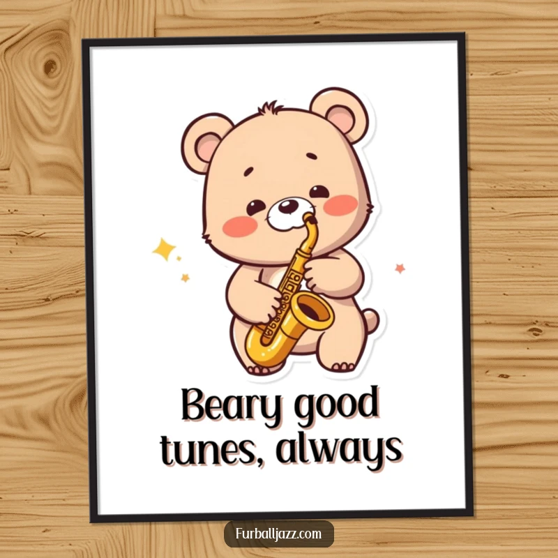 Funny Free Printable Jazzy Bear Wall Art: A bear with a wide, joyful smile plays a saxophone, exuding a cool, jazzy vibe.