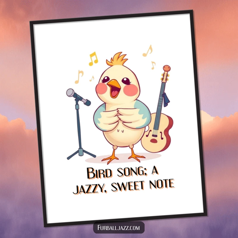 Funny Free Printable Wall Art of a cheerful bird singing its heart out with a cool jazz band, full of life.