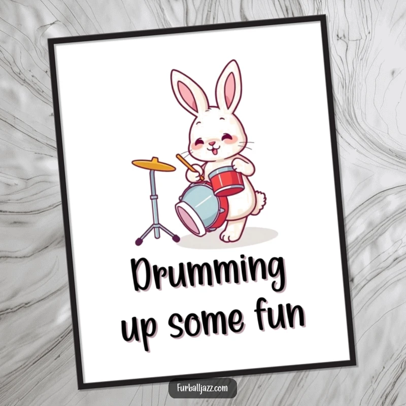 Funny Free Printable Wall Art: An energetic bunny rabbit plays the drums with its foot tapping, creating a lively musical atmosphere.