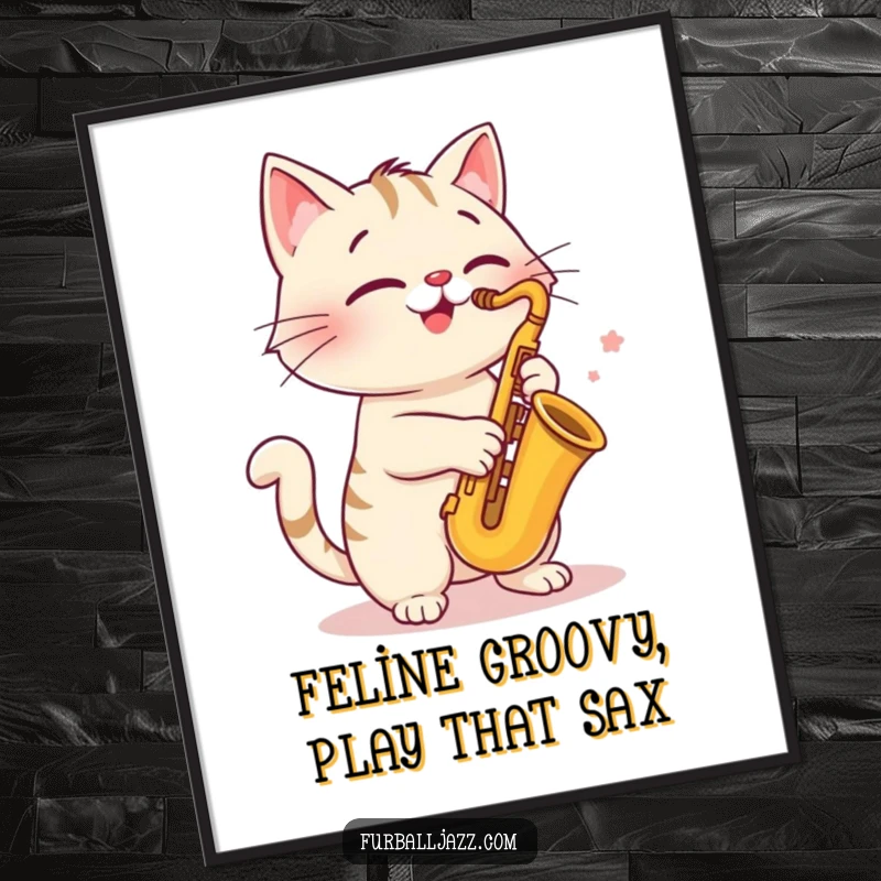 Funny Free Printable Wall Art: A cheerful cat plays a saxophone with focus and a happy expression.